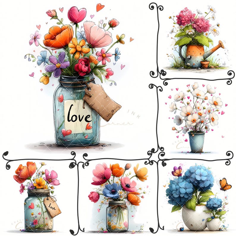 May include: Watercolor illustrations of floral arrangements in various containers. A mason jar with the word "love" on it is filled with colorful flowers. Other arrangements include a watering can, a vase, and small jars, each with unique blooms.