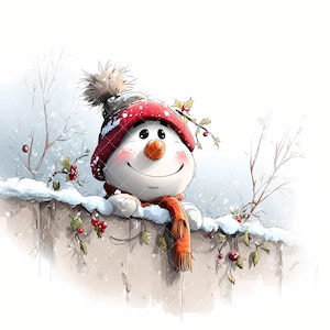 May include: A watercolor illustration of a smiling snowman wearing a red and black hat with a pom-pom, an orange scarf, and a carrot nose. The snowman is perched on a snow-covered fence with holly berries and branches.