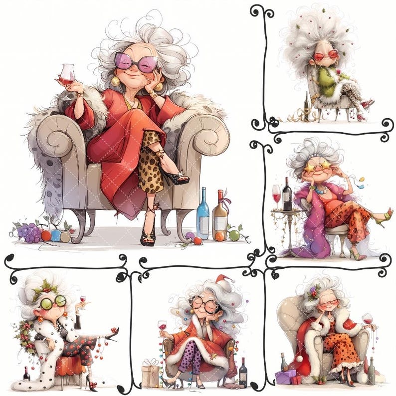 Funny Christmas Grandma Clipart Bundle: Quirky Wine Drinking Old Ladies ...