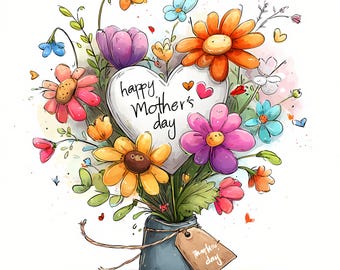 Puede incluir: Ilustración en acuarela de un ramo de flores coloridas en un jarrón azul. El ramo incluye flores rosas, naranjas, amarillas, moradas y azules. Un corazón blanco con el texto "happy Mother's day" está en el centro. Una etiqueta marrón con "Mother's day" está unida al jarrón.
