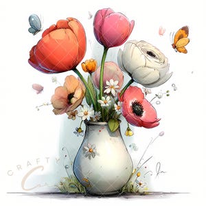 May include: A watercolor illustration of a white vase filled with colorful flowers, including red poppies, pink tulips, and white ranunculus. Butterflies flutter around the arrangement. The vase is decorated with small daisy accents.