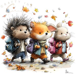 Op de afbeelding: Een aquarelillustratie met een egel, een vos en een konijn die samen lopen, elk met een rugzak. De egel draagt een blauwe rugzak, de vos een paarse en het konijn een roze. Herfstbladeren vallen om hen heen in deze kleurrijke tekening.
