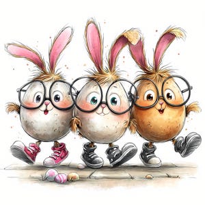 Op de afbeelding: Een aquarel illustratie van drie antropomorfe paaseieren met konijnenoren, een bril en sneakers. De eieren lopen op een stoep, met paaseieren eronder. De eieren zijn wit, bruin en lichtbruin.
