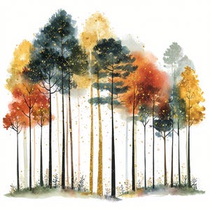 May include: Watercolor painting of a forest scene with tall, slender trees. The trees feature a mix of colors, including deep teal, gold, orange, and yellow, with delicate gold speckles. The artwork has a soft, ethereal quality, with a white background.