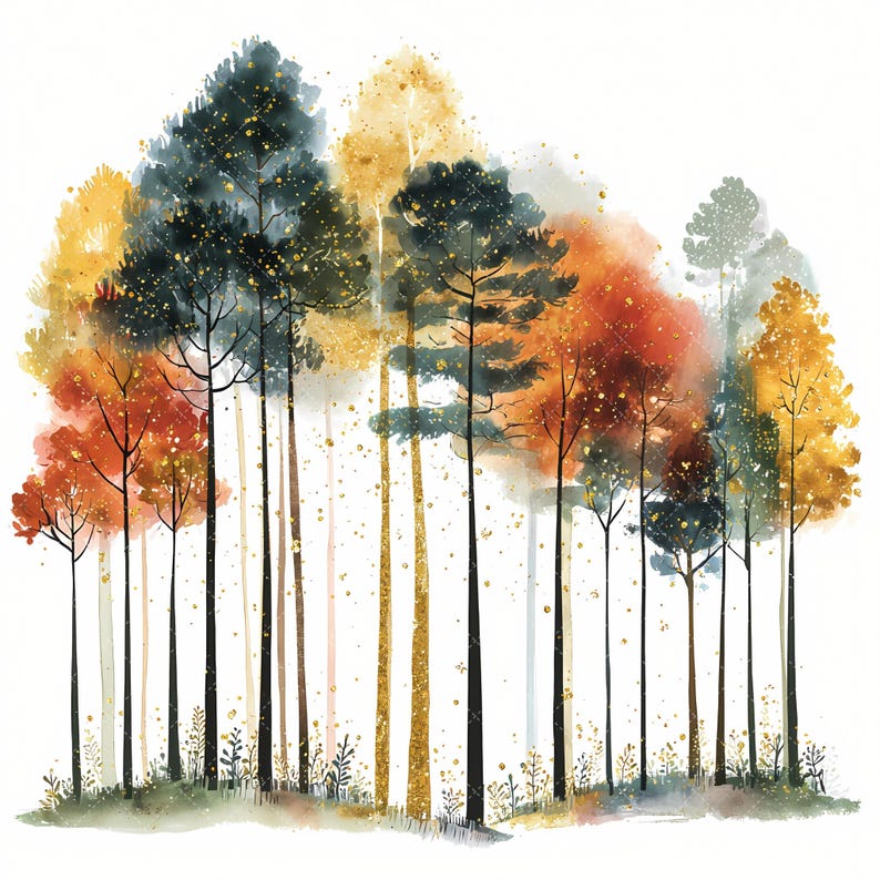 May include: Watercolor painting of a forest scene with tall, slender trees. The trees feature a mix of colors, including deep teal, gold, orange, and yellow, with delicate gold speckles. The artwork has a soft, ethereal quality, with a white background.