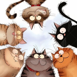 Pu&ograve; includere: Un'illustrazione stravagante con sei gatti dei cartoni animati che guardano in basso. I gatti hanno vari modelli di pelliccia, tra cui tigrato, nero e arancione. Alcuni indossano collari rossi. Lo sfondo &egrave; un cielo azzurro chiaro.