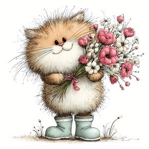 36 JPG Nyckfull Katt Clipart – Söt Vårkatt med Vit Blommig Krona JPG – Udda Kattkonst för Hantverk, Kort och Klistermärken – Kommersiellt Bruk