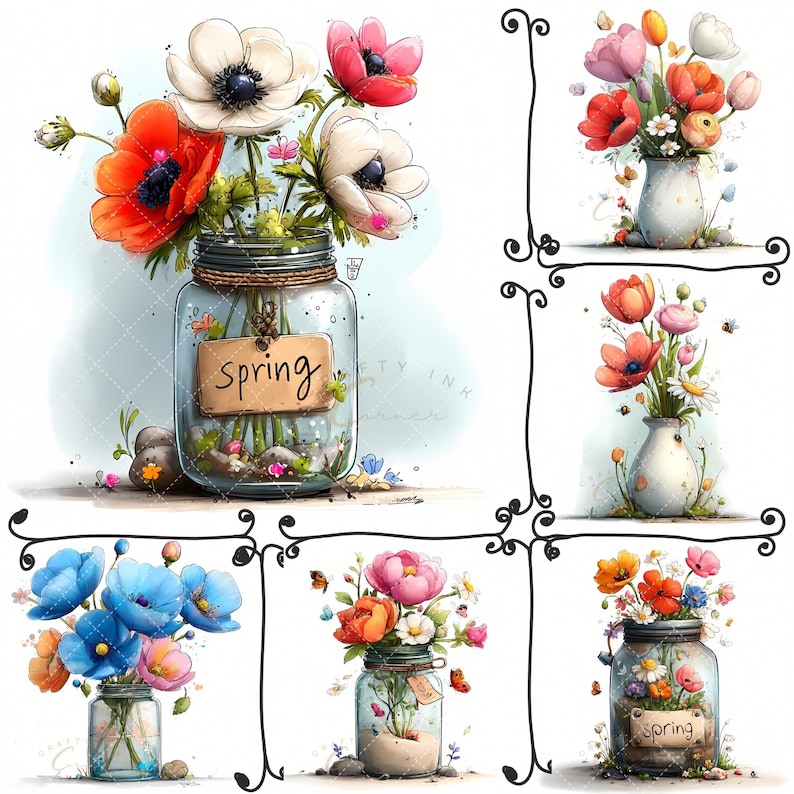 May include: A collection of watercolor illustrations featuring floral arrangements in glass jars and vases. The arrangements include poppies, anemones, and other spring flowers. One jar has a tag that says "spring". The color palette includes red, white, blue, and orange.