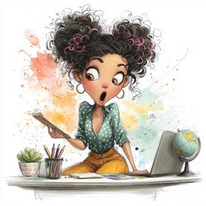 May include: Watercolor illustration of a surprised woman at a desk. She wears a green polka dot shirt and yellow pants. A laptop, globe, pencils, and succulent plant are on the desk. Her hair is styled in two buns with pink accents.