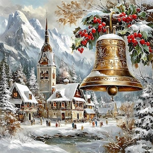 May include: A detailed golden bell hangs above a snowy village scene. Red berries and green leaves decorate the top of the bell. The background shows snow-covered mountains, a church, and houses, creating a winter holiday theme.