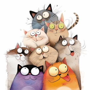 May include: A whimsical illustration features a group of cartoon cats with exaggerated expressions. The cats are in various colors, including gray, orange, and purple, with large eyes and playful poses. The image has a white background.