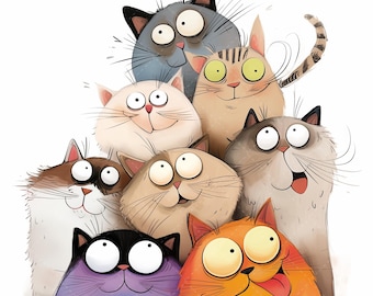 16 schrullig Katzen Clipart, wunderliche Kätzchen Clipart, hochwertige JPG, Aquarell Clipart, Junk Journal, digitaler Download, Papier Handwerk ClipArt