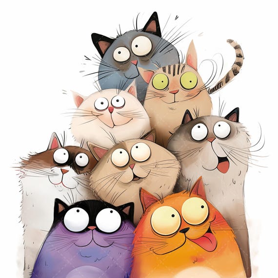 16 Quirky Cats Clipart, Whimsical Kitten Clipart, High Quality JPG, Watercolor Clipart, Junk Journal, Digital Download, Paper Craft Clip Art