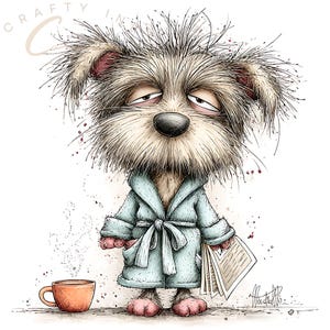 May include: A whimsical illustration of a shaggy, disheveled dog with messy fur wearing a light blue bathrobe. The dog has sleepy eyes, holds a newspaper in one paw, and stands next to a small orange coffee mug. The text Crafty Ink is visible.