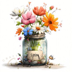 May include: A watercolor illustration of a glass jar filled with colorful flowers. The flowers include white, pink, orange, blue, and yellow blooms. The jar has a label that reads "spring". The image has a whimsical, springtime theme.