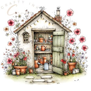 Puede incluir: Una ilustración digital de un cobertizo de jardín con una puerta verde abierta, estantes con macetas de terracota y una regadera azul, rodeado de flores rosas y blancas, luces en el techo y el texto Crafty Ink Corner.