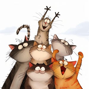 Pu&ograve; includere: Un'illustrazione stravagante di cinque gatti dei cartoni animati con espressioni vivaci. I gatti, in vari colori tra cui grigio, marrone e arancione, sono disposti in gruppo, con alcuni che alzano le zampe in un gesto celebrativo. L'opera d'arte ha un'atmosfera giocosa e allegra.