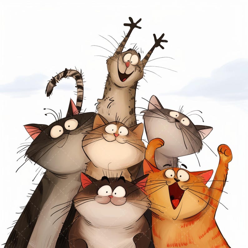 Pu&ograve; includere: Un'illustrazione stravagante di cinque gatti dei cartoni animati con espressioni vivaci. I gatti, in vari colori tra cui grigio, marrone e arancione, sono disposti in gruppo, con alcuni che alzano le zampe in un gesto celebrativo. L'opera d'arte ha un'atmosfera giocosa e allegra.