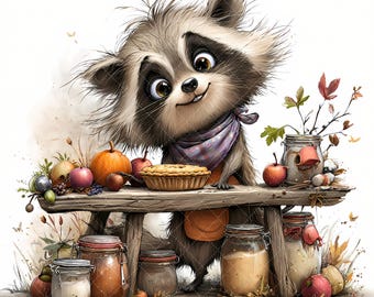 May include: A cartoon raccoon wearing a bandana and apron stands behind a wooden table laden with autumn harvest items. The table holds a pie, pumpkins, apples, and jars of preserves. The raccoon smiles at the viewer.