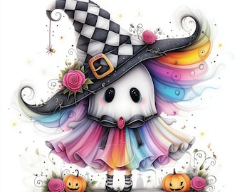 May include: A whimsical illustration of a ghost wearing a checkered witch hat with a gold buckle, a rainbow-colored dress, and black shoes. Pink roses and pumpkins decorate the scene, creating a festive Halloween theme.