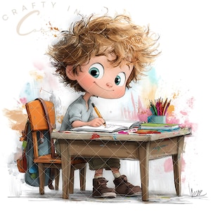 Könnte beinhalten: Eine Cartoon-Illustration eines Kindes mit zerzaustem blondem Haar, das an einem Holztisch sitzt und mit einem Bleistift in ein Notizbuch schreibt. Ein Rucksack hängt am Stuhl und ein Becher mit Buntstiften steht auf dem Schreibtisch.