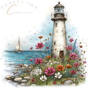 May include: Watercolor illustration of a lighthouse with a sailboat on the sea. The lighthouse is white with a brown door and sits among colorful flowers. The text "Crafty Ink Corner" is in the upper left corner.