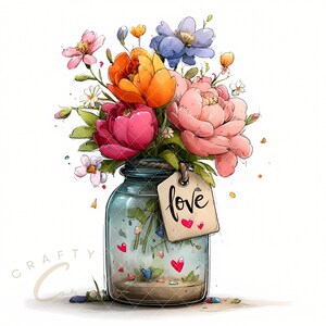 May include: Watercolor illustration of a bouquet of flowers in a blue glass jar. The bouquet includes pink, orange, and blue flowers. A tag with the word "love" and red hearts hangs from the jar. The jar is decorated with hearts.