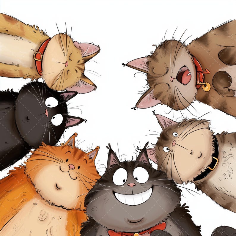 Pu&ograve; includere: Un'illustrazione stravagante con sei gatti dei cartoni animati di vari colori, tra cui arancione, nero e marrone. Ogni gatto ha un'espressione unica, alcuni indossano collari. I gatti sono disposti in un motivo circolare su sfondo bianco.