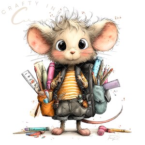 May include: A cartoon mouse illustration with large eyes and messy fur, wearing a yellow striped shirt and dark shorts. The mouse carries a black backpack filled with art supplies, including a ruler, brushes, and pencils. Text reads Crafty Ink Corner.
