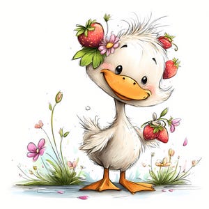 May include: A cute cartoon duck with white feathers, an orange beak and feet, and rosy cheeks. The duck wears a strawberry and flower crown and holds strawberries. Pink flowers and green grass surround the duck against a white background.
