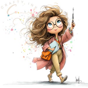 Könnte beinhalten: Illustration eines Cartoon-Mädchens mit braunen Haaren, Brille, einem rosa Mantel und beigefarbenen Hosen. Sie trägt ein blaues Notizbuch, eine orangefarbene Umhängetasche und einen Stift. Das Bild hat den Text "Crafty Ink Corner" und bunte Farbspritzer.