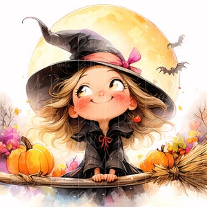 Pode incluir: Ilustração em aquarela de uma bruxa sorridente com cabelo loiro, usando um chapéu e vestido preto, e um laço rosa. Ela está sentada em uma vassoura com abóboras e uma lua cheia ao fundo. Dois morcegos voam no céu.