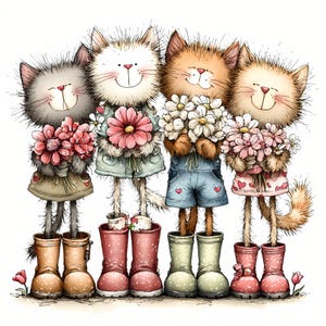 May include: A whimsical illustration of four anthropomorphic cats, each holding a bouquet of flowers. They wear colorful outfits and stand in matching rain boots. The cats have smiling faces and are set against a white background.