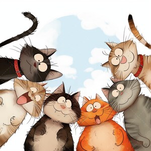 Pu&ograve; includere: Un'illustrazione stravagante presenta sei gatti dei cartoni animati di vari colori, tra cui nero, arancione e grigio, che guardano verso il basso lo spettatore. Ogni gatto ha un'espressione unica, alcuni con collari rossi. Lo sfondo &egrave; un cielo azzurro chiaro con nuvole bianche soffici.