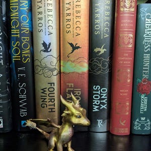 Mini Andarna vom Vierten Flügel, handbemalt mit echten Federn am Schwanz! Wer möchte nicht einen kleinen Drachen, der sein Bücherregal bewacht!