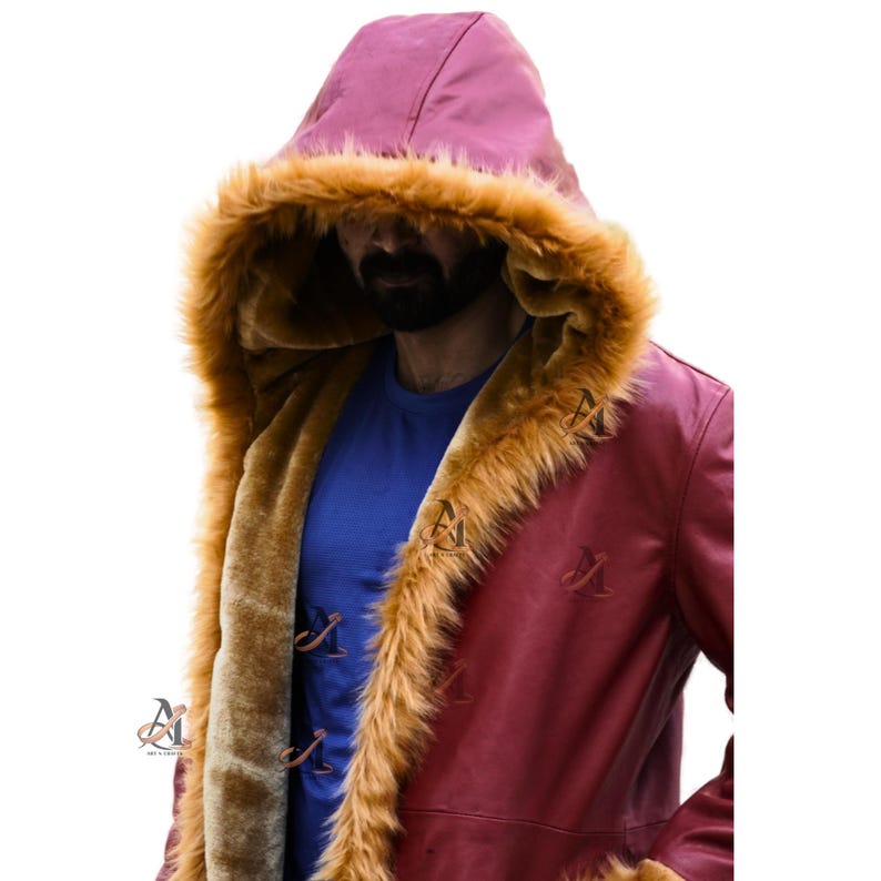 back view showing longline silhouette, relaxed comfortable fit, faux shearling cuff detail, bold winter statement piece, casual streetwear style, retro inspired outerwear, warm winter clothing essential, handcrafted leather coat design, red hooded leather coat unisex style, genuine sheepskin leather outer shell, faux fur lined interior jacket, vintage 80s fashion coat, front open style winter wear, long relaxed fit silhouette, bohemian inspired outerwear, winter street style look,