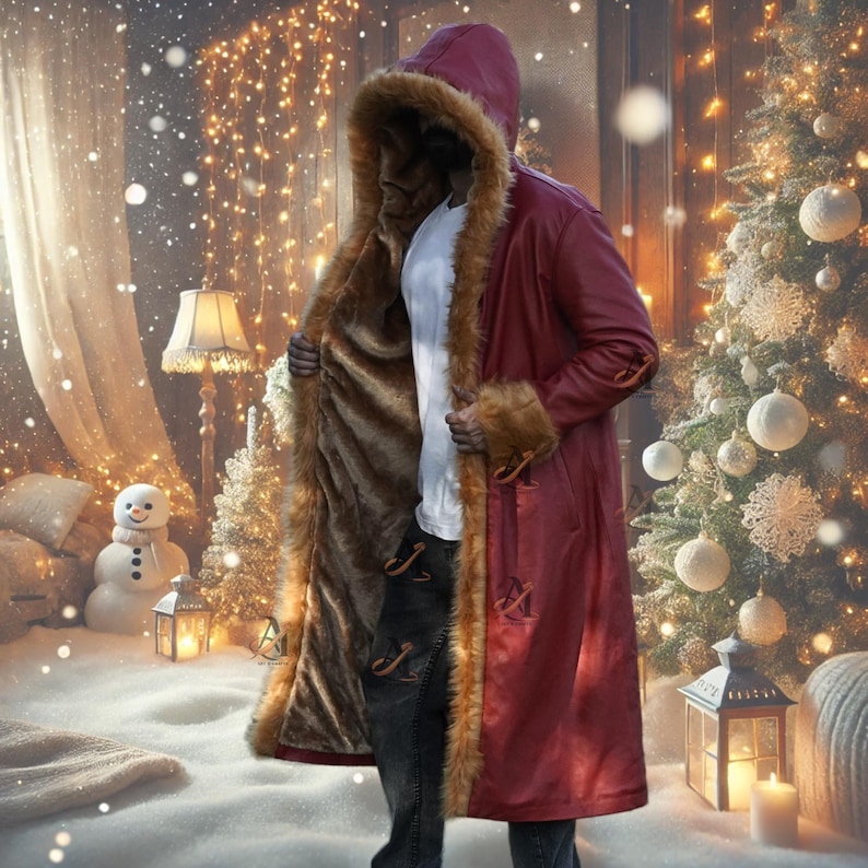 cozy winter outfit idea, long red leather coat with hood, genuine sheepskin leather outerwear, synthetic fur interior lining, vintage 80s boho jacket style, side profile view of coat, relaxed fit winter silhouette, faux fur cuff detailing, bold statement winter fashion, unisex streetwear coat, comfortable warm lining, handcrafted leather jacket design, everyday winter outerwear, retro fashion inspired look, men hooded red leather jacket long coat, sheepskin leather winter outerwear,