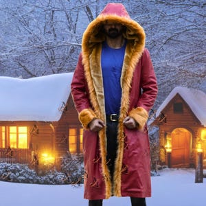 soft synthetic fur cuffs, stylish casual outfit layering, durable handmade coat, bold fashion statement jacket, cold weather essential piece, men red leather winter coat, sheepskin leather hooded jacket, faux shearling interior lining, vintage long coat design, angled front view showing texture, soft faux fur cuff detail, unisex boho style outerwear, warm winter fashion piece, relaxed oversized fit coat, modern streetwear inspired look, durable leather construction, stylish retro jacket,