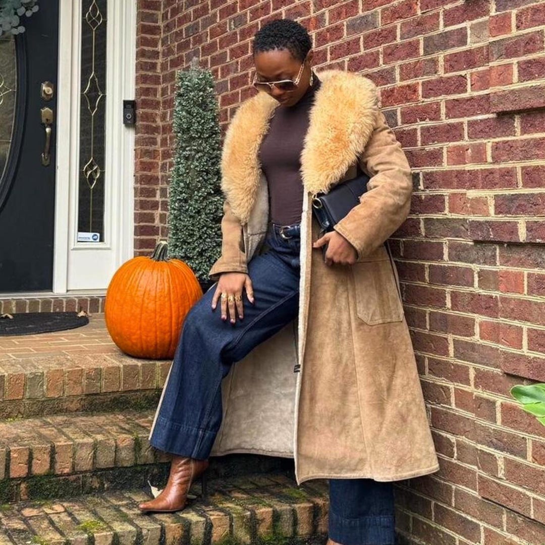 Women Brown Penny Lane Coat - Genuine Sheepskin Suede Leather Coat