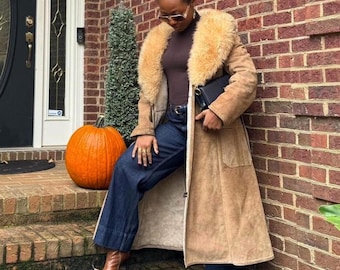 Women’s Brown Penny Lane Coat – Vintage 80s Suede Shearling Collar Jacket – Handmade Long White Fur Afghan Coat – LA Boho Fashion Vibe