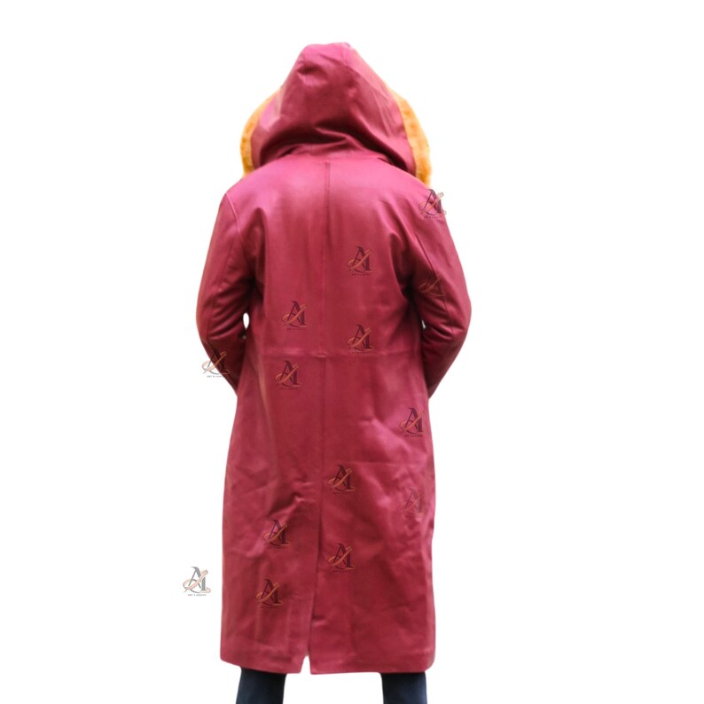 faux shearling lining interior, vintage inspired 80s coat design, front view open style, soft synthetic fur cuffs, relaxed fit silhouette, casual winter street style, boho fashion outerwear, warm and comfortable jacket, durable handmade leather coat, modern retro clothing piece, seasonal winter fashion, red leather long coat unisex hooded style, genuine sheepskin leather material, plush synthetic fur interior, vintage boho winter jacket, angled back view silhouette, relaxed oversized fit,