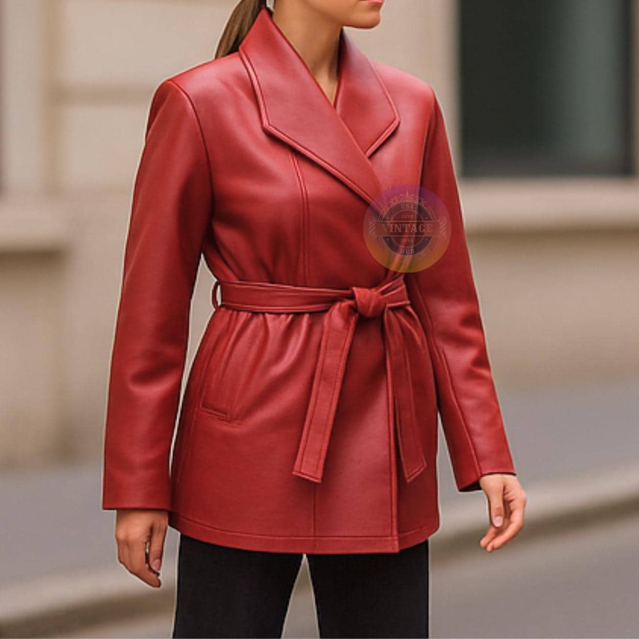 Red Leather Belted Jacket - Etsy