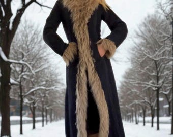 Damenmantel aus Kunstfell mit Lammfellimitat – Lange, blaue Jeansjacke im Boho-Stil – Warmer Wintermantel im Y2K-Stil – Geschenkidee für Sie