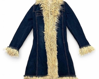 Vintage Y2k Insulated Denim Coat Penny Lane Collar Faux Fur Trench