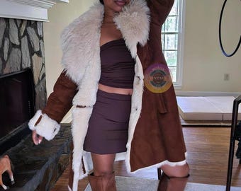 Women Brown Penny Lane Coat - Vintage Y2K Afghan Suede Leather Long Coat - Handmade Boho Shearling Jacket - LA Boho Fashion Vibe Gift