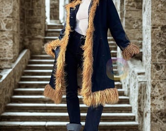 Vintage Y2k Insulated Denim Coat Penny Lane Collar Faux Fur Trench