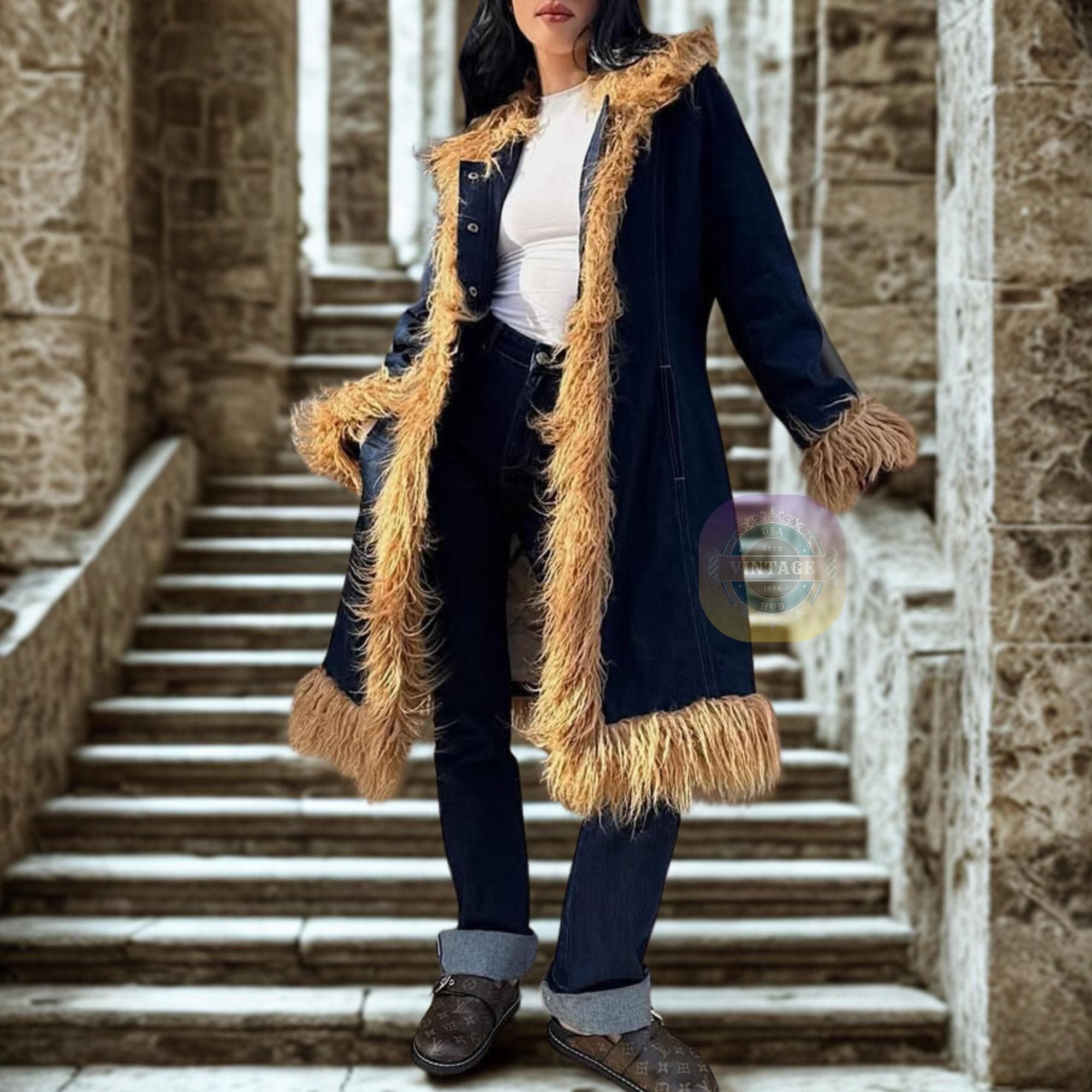 Y2k Denim Fur Lined Coat - Etsy