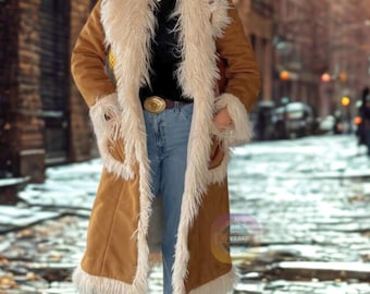 Faux Fur Penny Lane Coat - Brown Suede Leather Coat -Vintage Y2K Boho Long Jacket - Winter Gift for Women