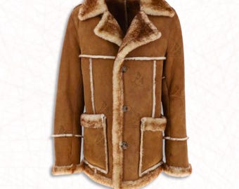 Abrigo de piel de oveja auténtica, ante y borrego - Abrigo vintage bohemio de los 90 para hombre y mujer, color tostado - Abrigo de invierno de piel sintética y borrego sintético