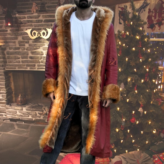 Men Red Genuine Sheepskin Leather Hooded Coat Vintage 80s Long Jacket Faux Shearling Lining Boho Winter Coat Unisex Statement Outerwear